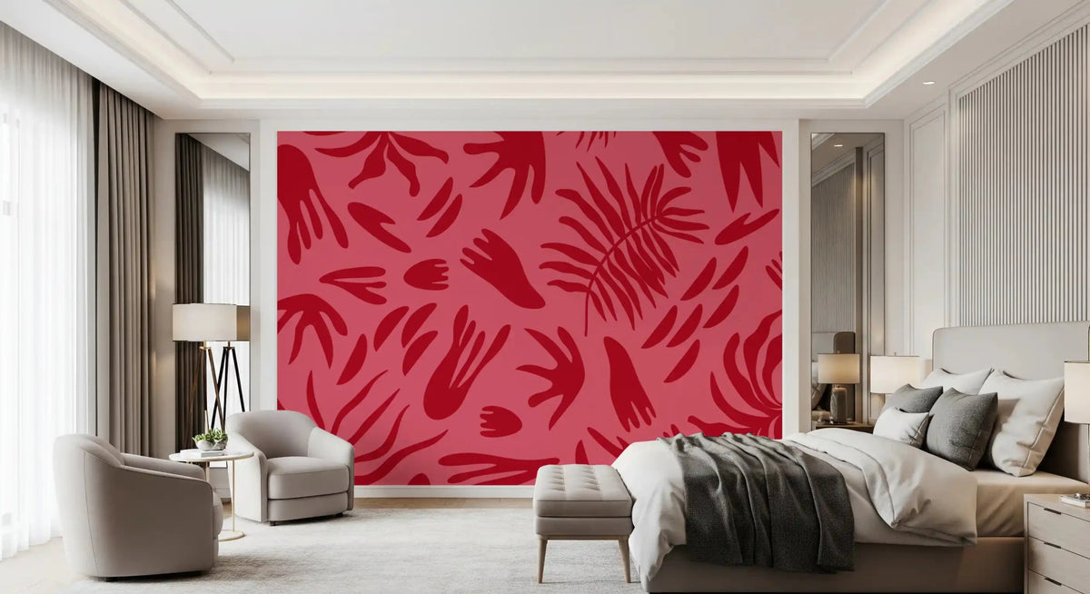 Crimson Leaf Dance Wall Mural with Bold Tropical Art