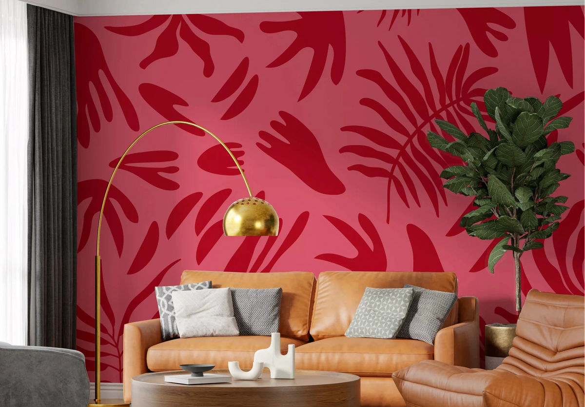 Crimson Leaf Dance Wall Mural with Bold Tropical Art