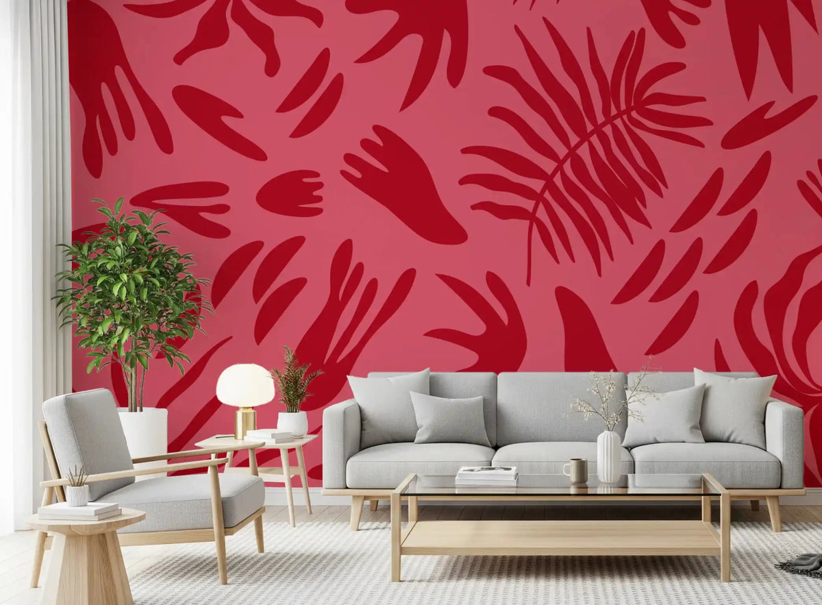 Crimson Leaf Dance Wall Mural with Bold Tropical Art