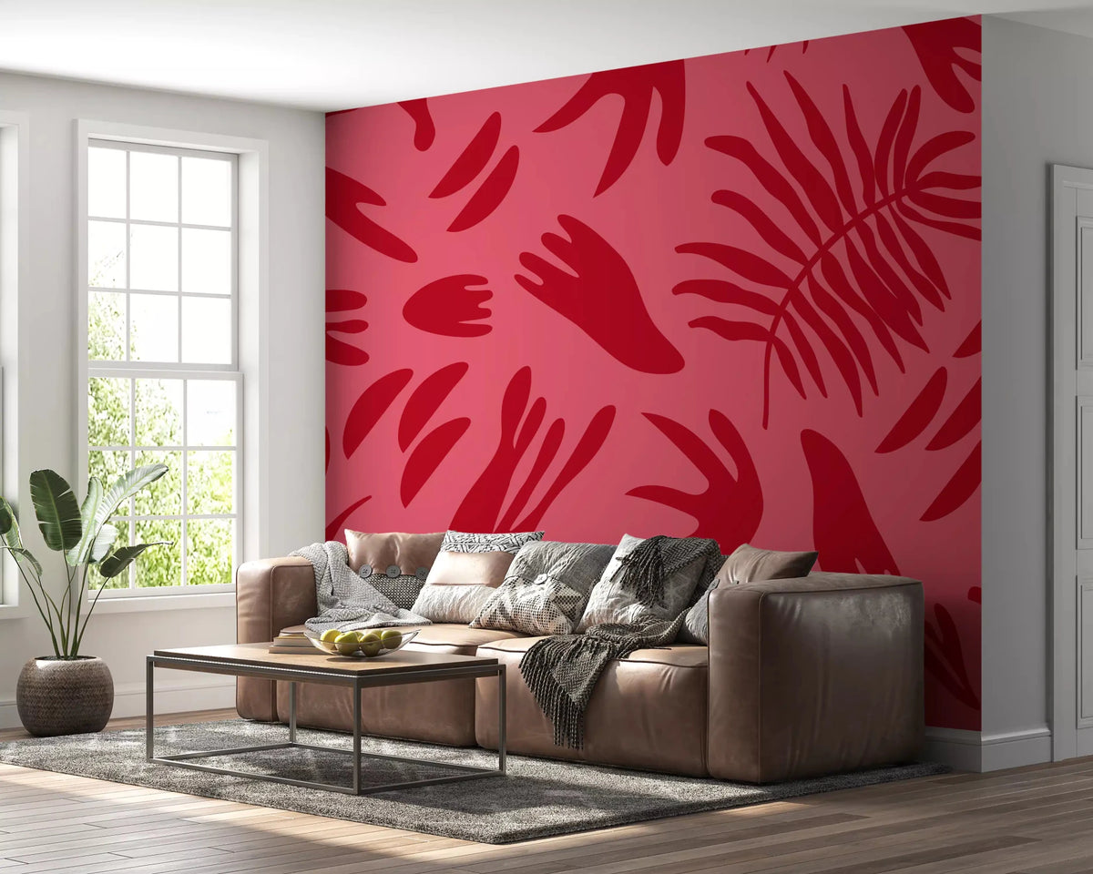 Crimson Leaf Dance Wall Mural with Bold Tropical Art