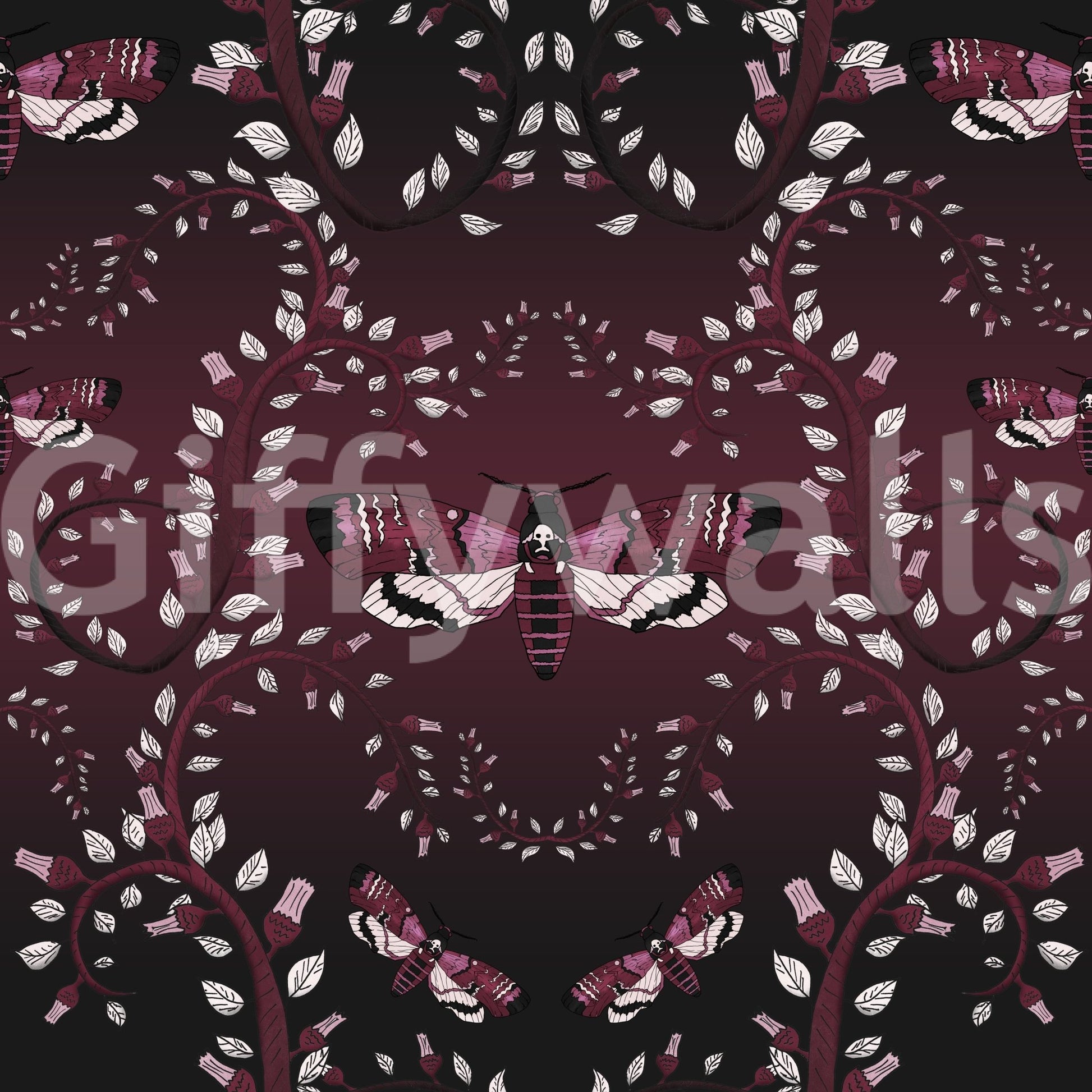 Elegant wall design with swirling moths and rich red backdrop.

