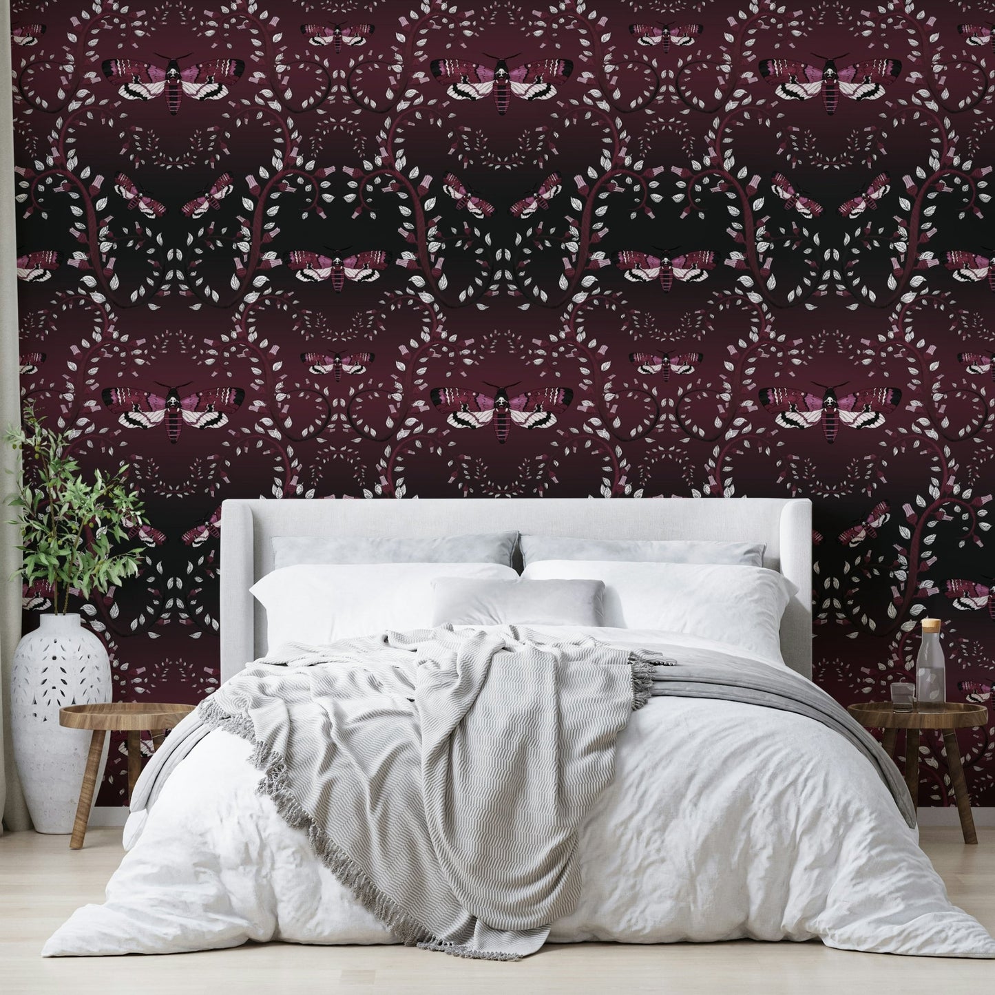 Nature-inspired wallpaper with dramatic red tones and moths.

