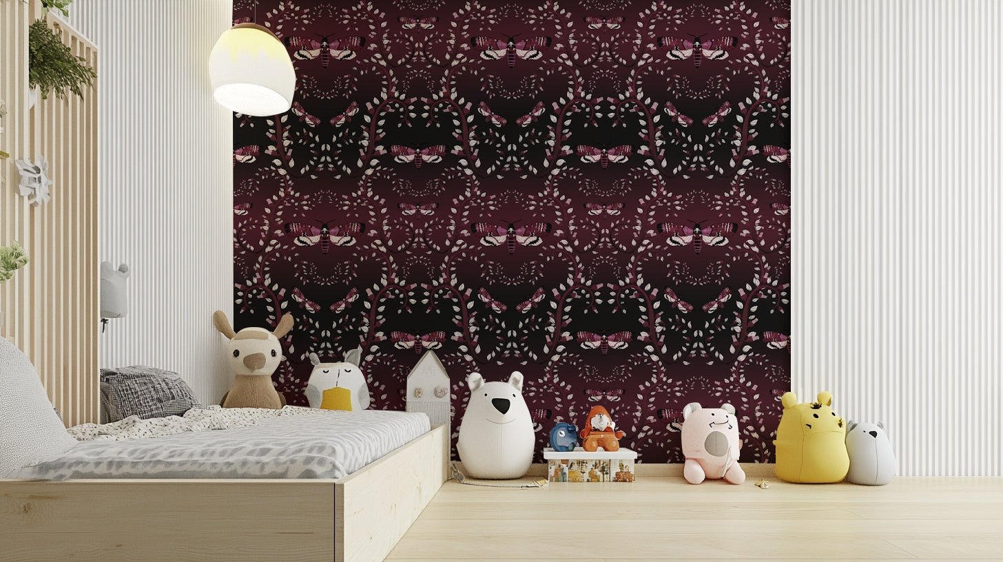 Deep crimson wallpaper featuring elegant dancing moths., GD1693