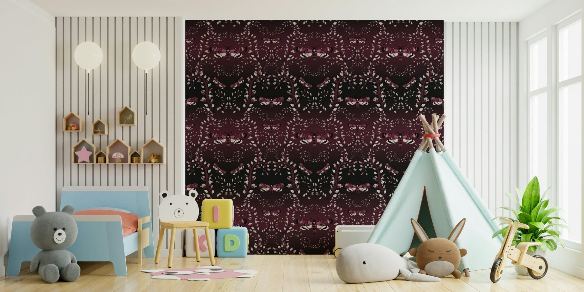 Statement wallpaper with layered moth patterns in deep red.

