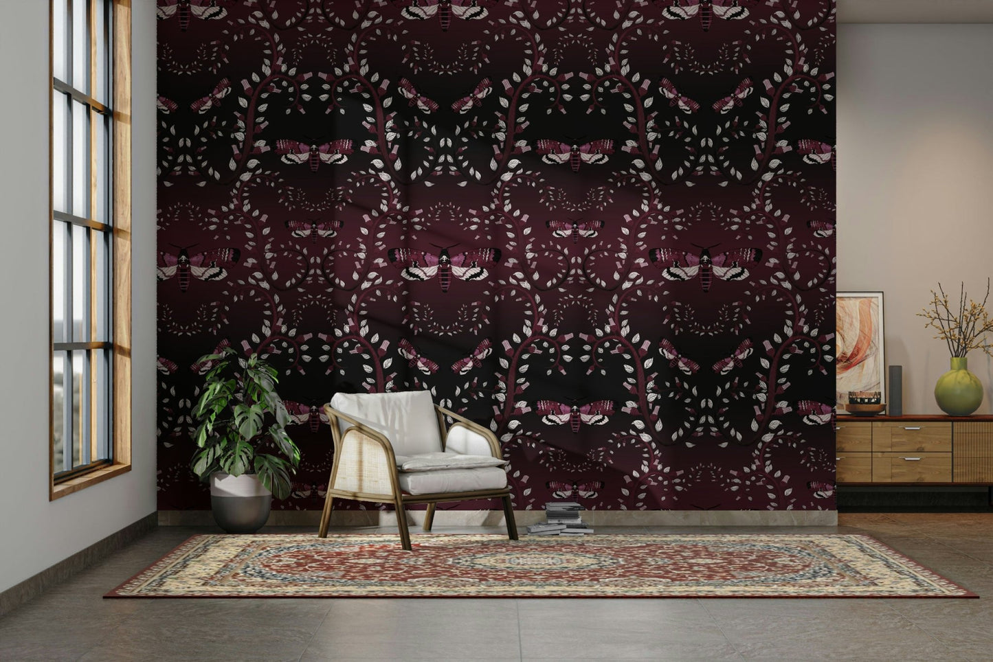 Vintage-style wallpaper with detailed crimson moth illustrations.

