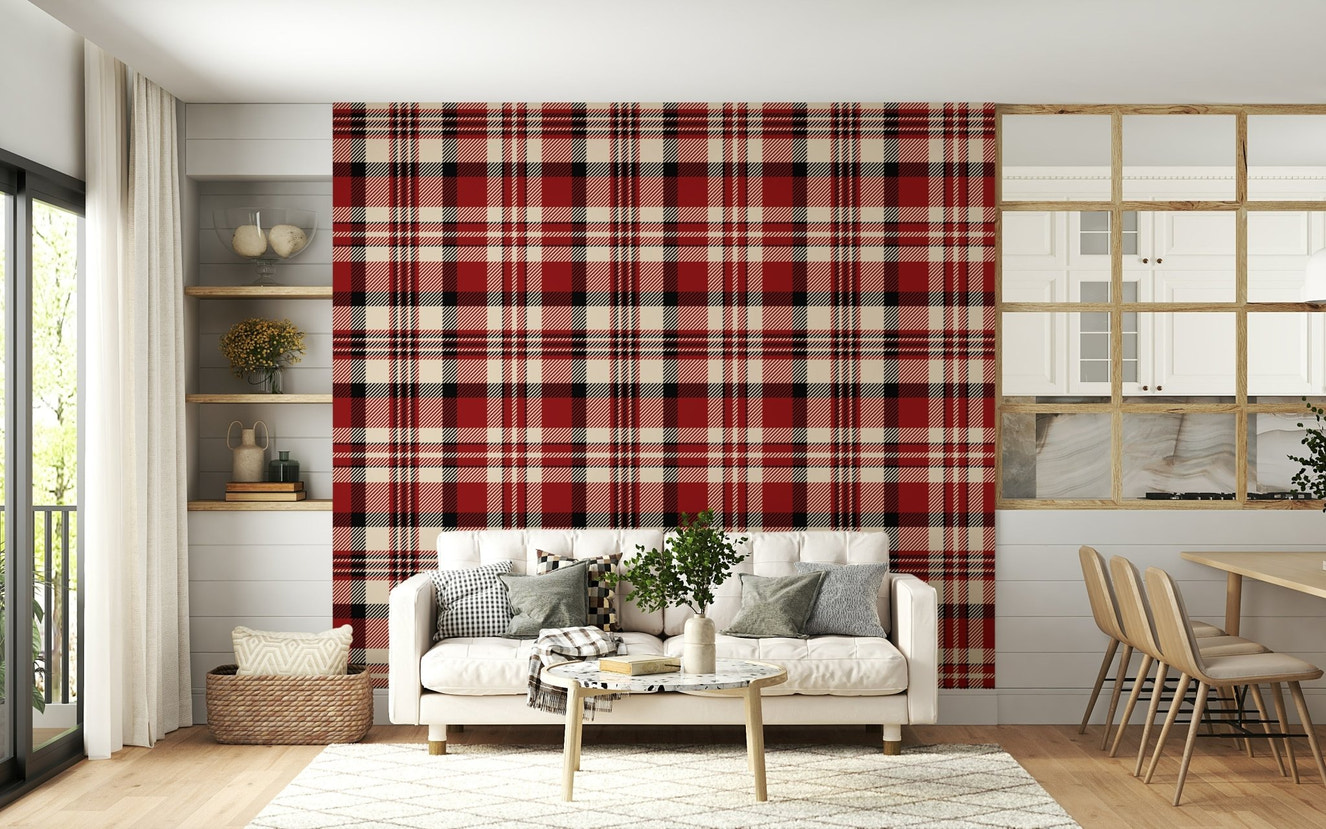 A beautiful crimson plaid wallpaper mural with a classic tartan pattern.