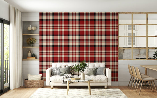 A beautiful crimson plaid wallpaper mural with a classic tartan pattern., GD5967