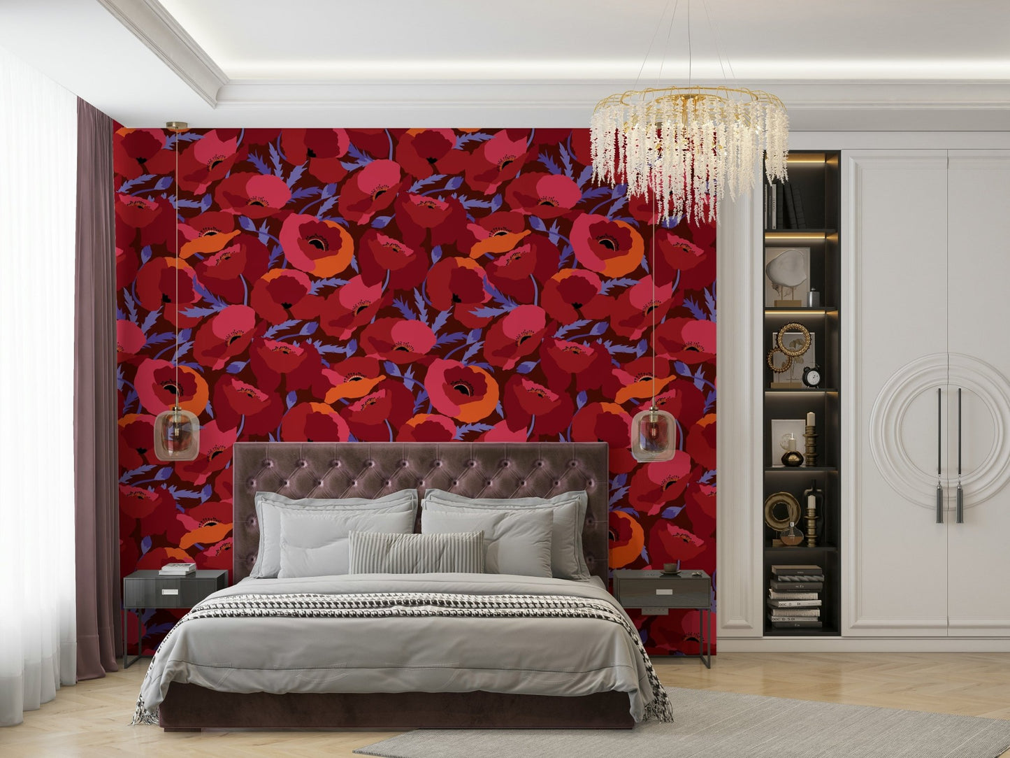 Close-up of vibrant crimson poppies wall mural design, GD1871