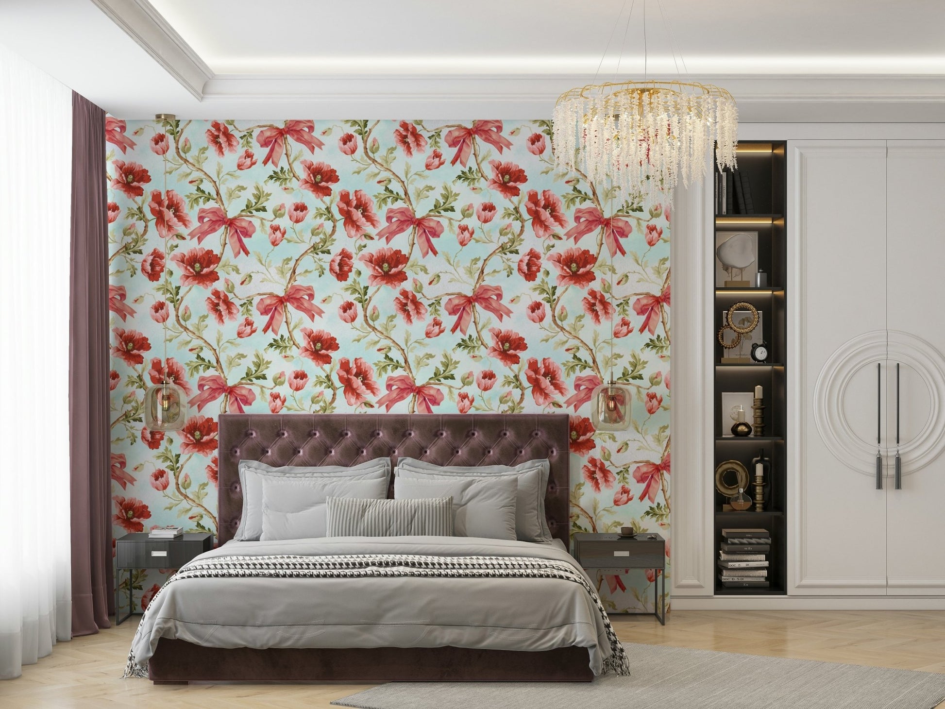 Sophisticated crimson ribbon and poppy wallpaper.

