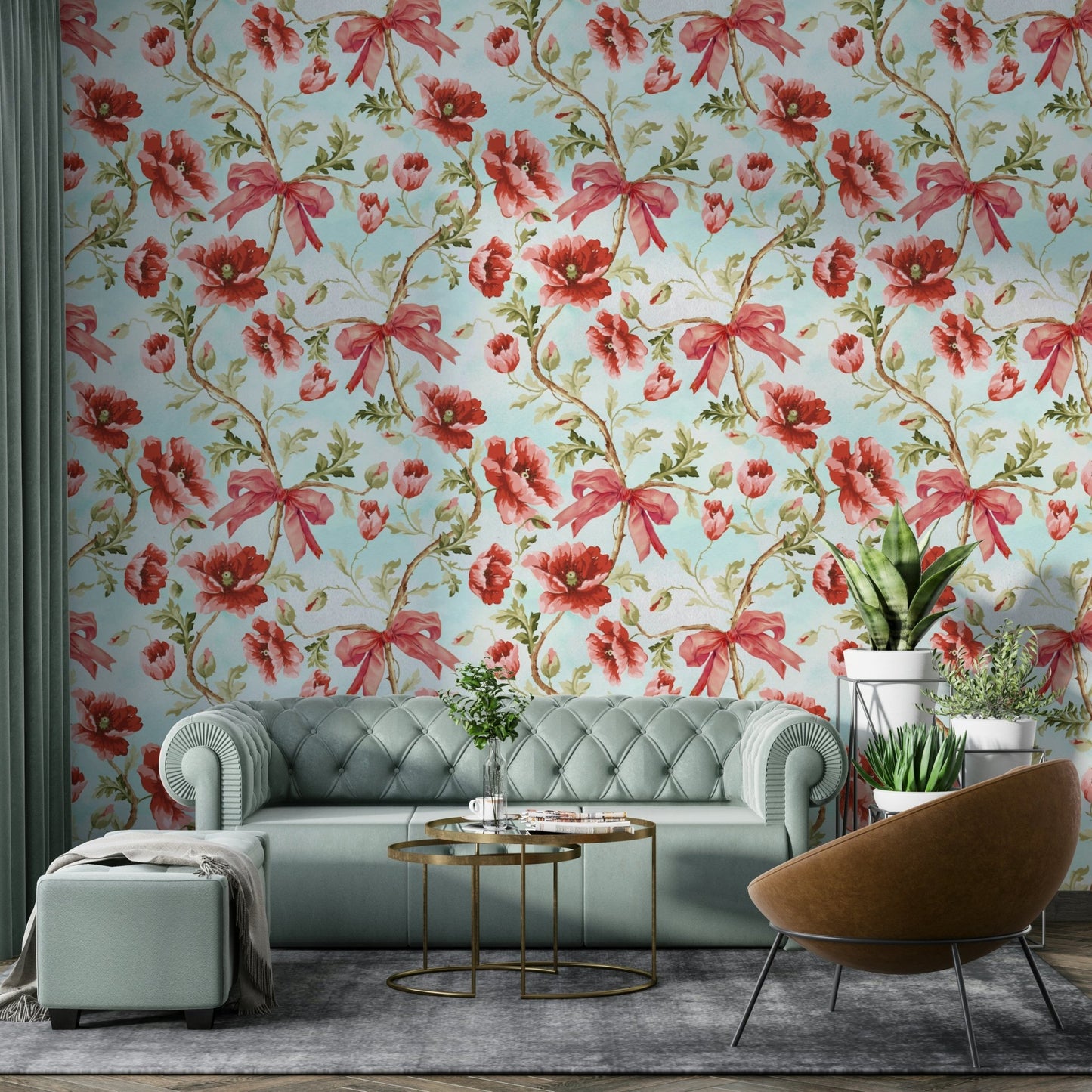 Crimson ribbon design with poppies wallpaper.


