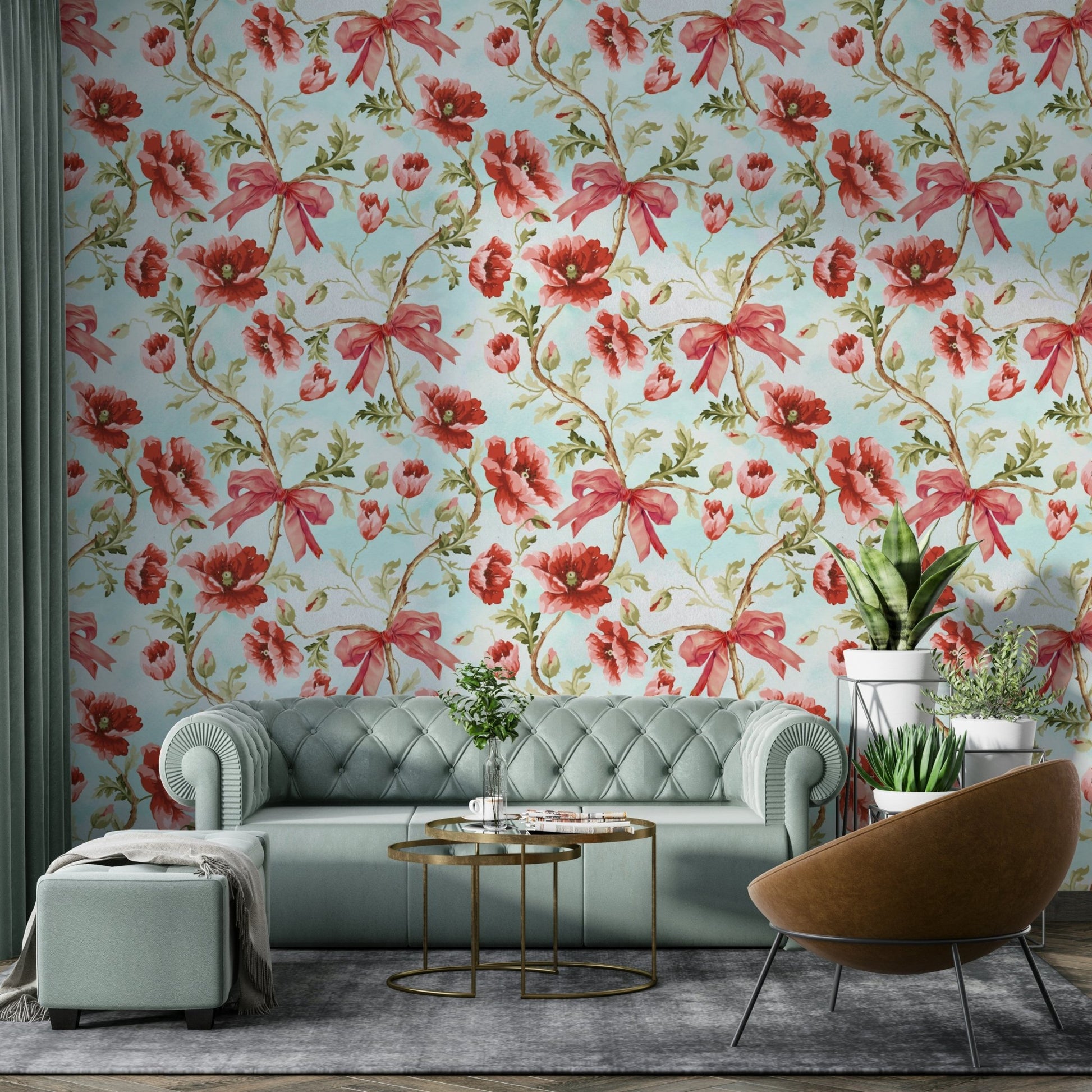 Crimson ribbon design with poppies wallpaper.

