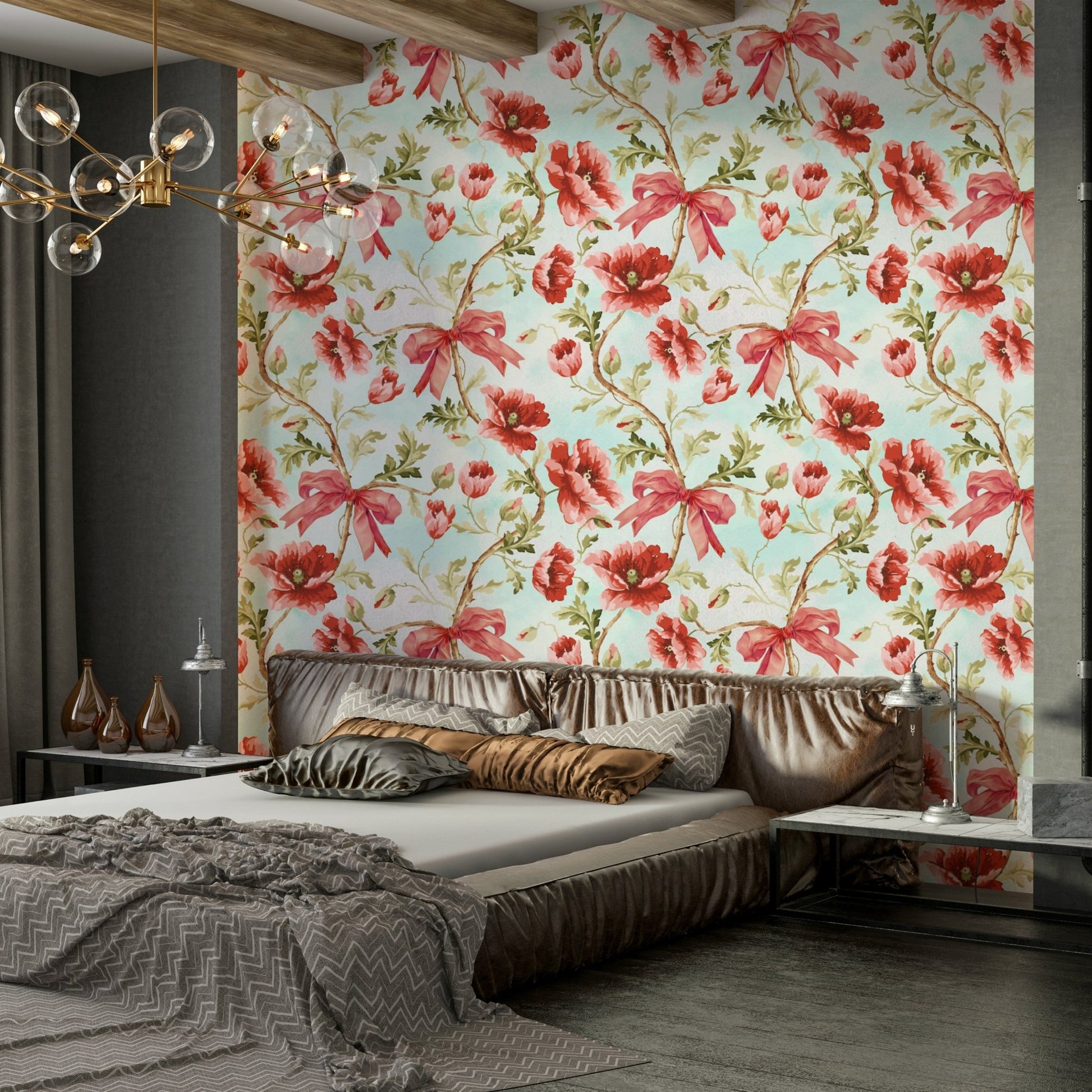 Red ribbon and poppy floral wallpaper for walls.

