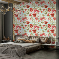 Red ribbon and poppy floral wallpaper for walls.


