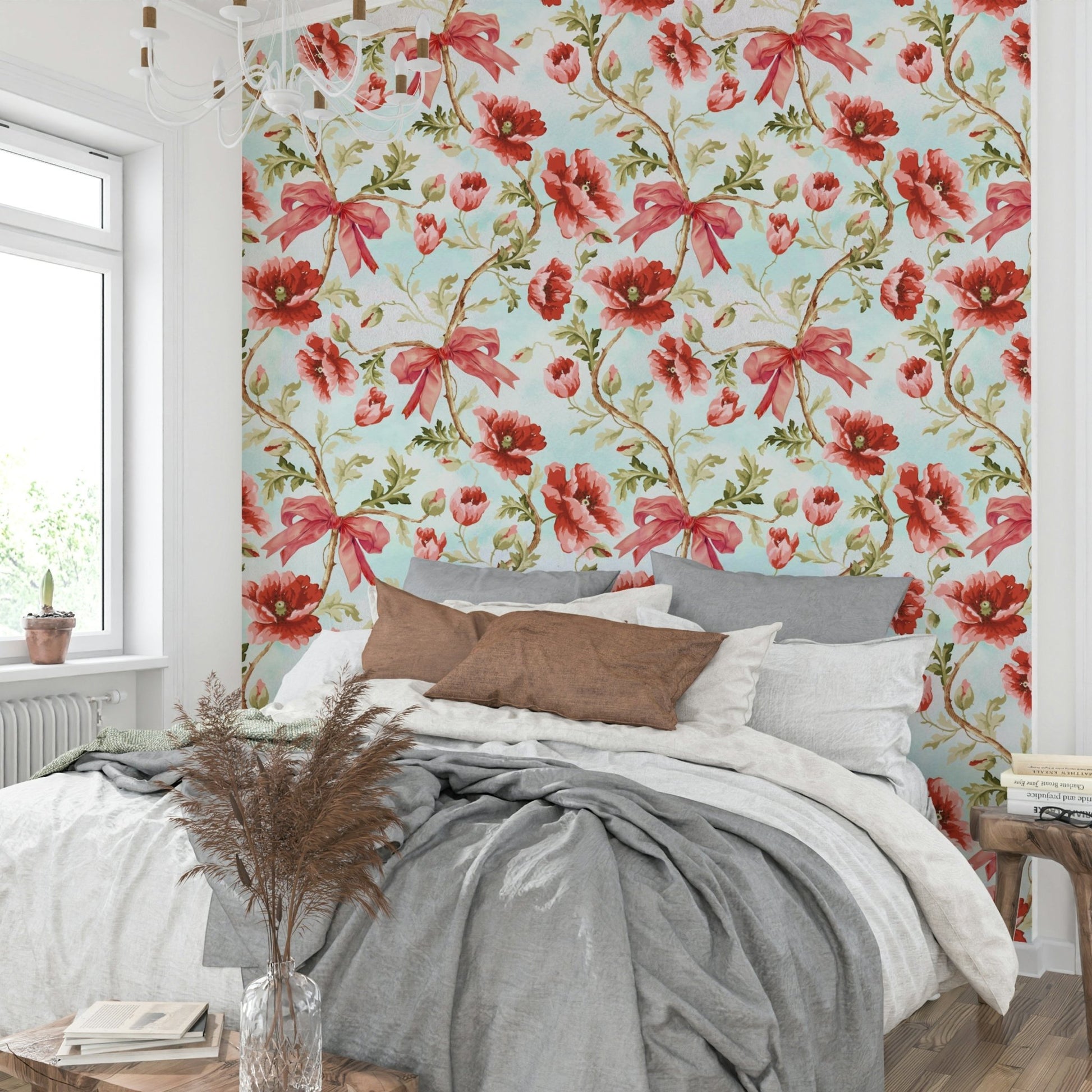 Bold crimson ribbon and poppies wall mural.

