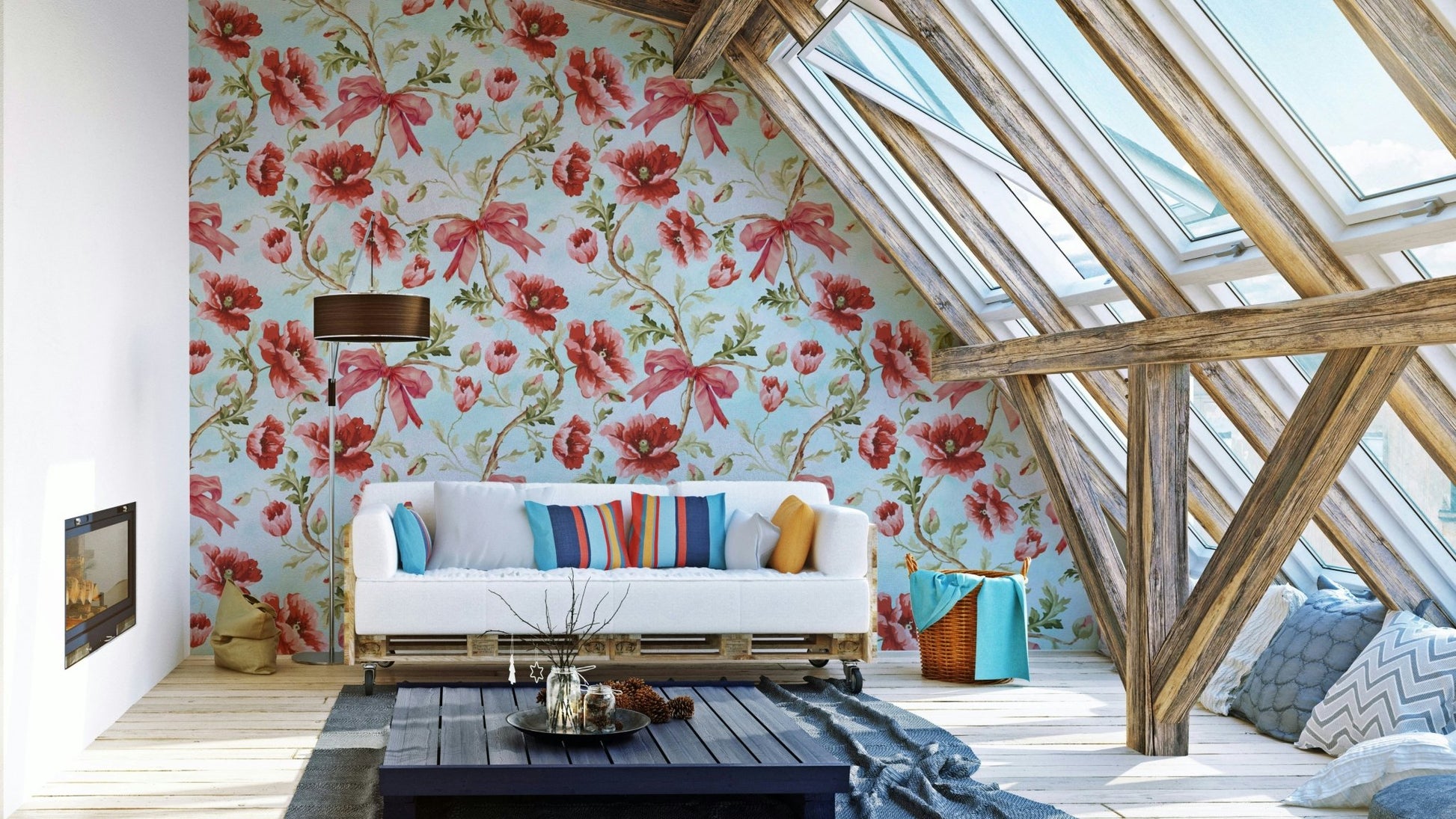 Floral poppies and red ribbon wallpaper design.

