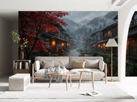 Paper lanterns glow along a wet stone path inside this Crimson Rain wall mural.GD9528