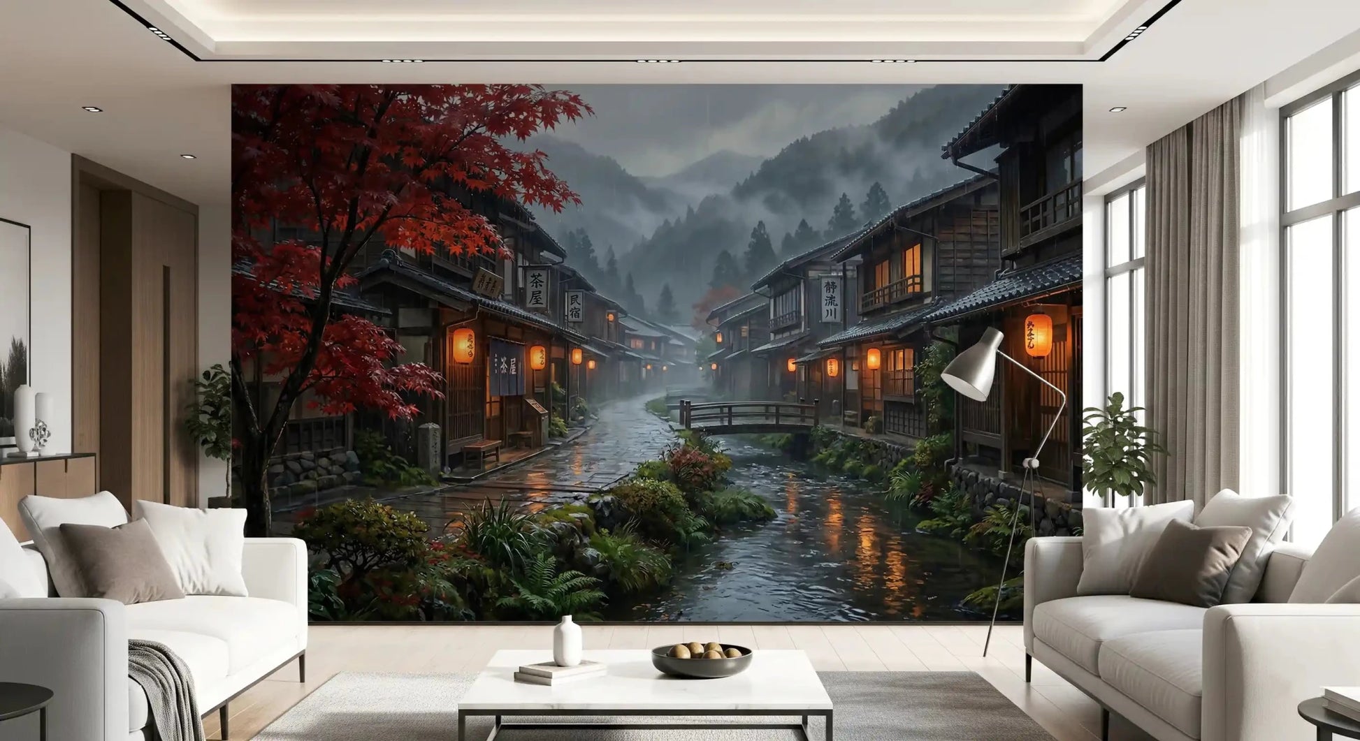 Layered fog drifts behind dark teahouses across this Crimson Rain wall mural.GD9528