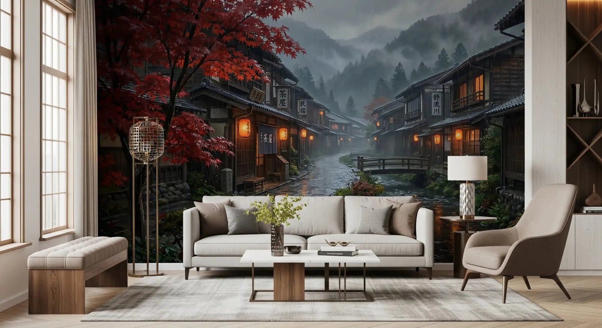 hallway backdrop softens through this Crimson Rain wall mural and its rainy stone path.
GD9528