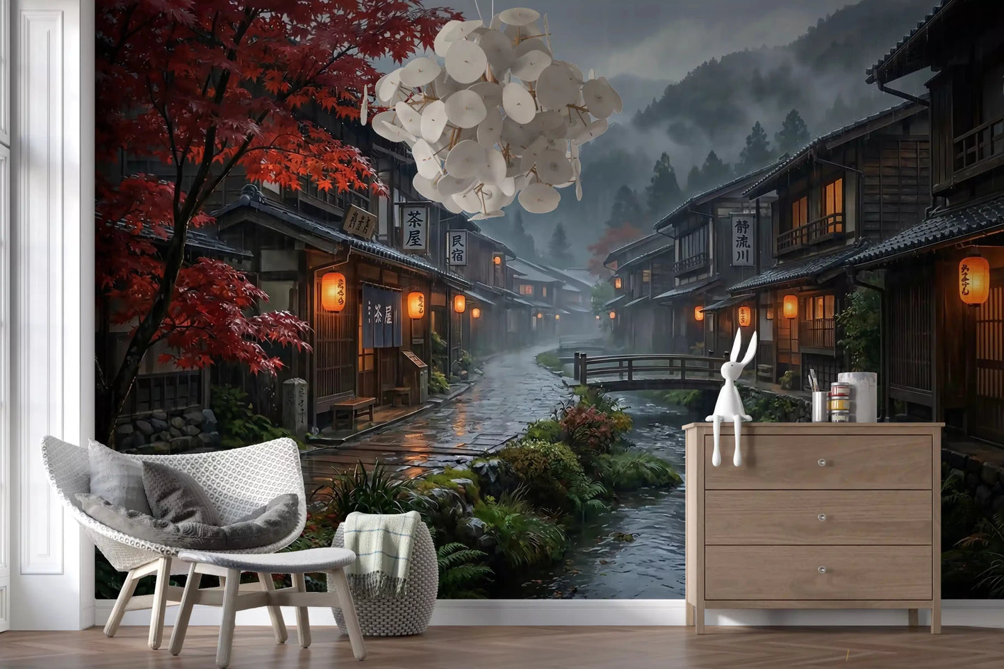 Living room corner take on a quiet evening tone with a Crimson Rain Japan wall mural. GD9528