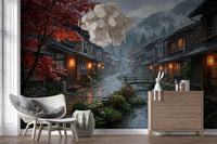 Living room corner take on a quiet evening tone with a Crimson Rain Japan wall mural. GD9528