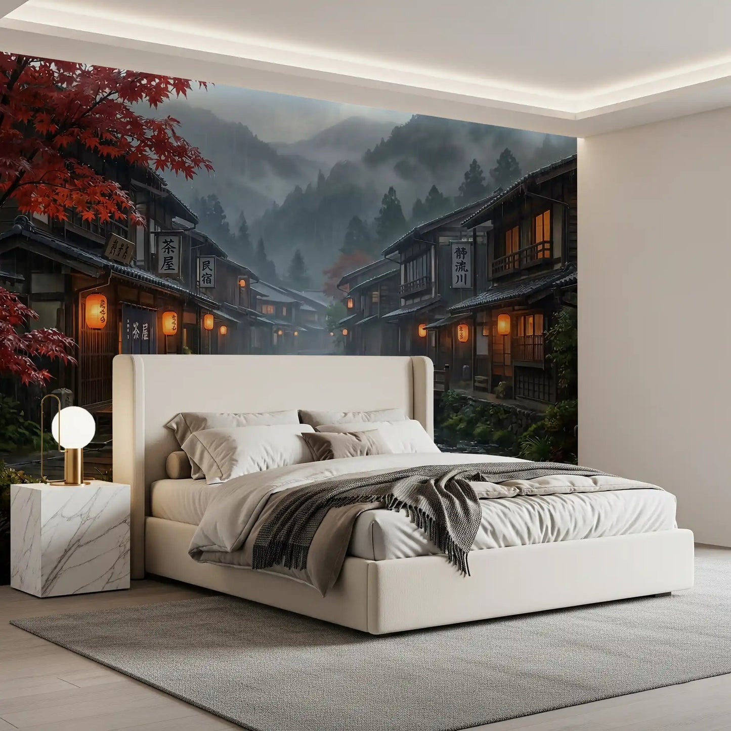 A wooden footbridge crosses the misty river in this Crimson Rain Japan wall mural.GD9528