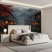 A wooden footbridge crosses the misty river in this Crimson Rain Japan wall mural.GD9528