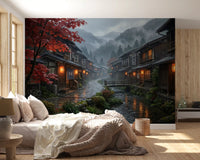 cosy Bedroom cinematic with this Crimson Rain old Japan wall mural in view.GD9528