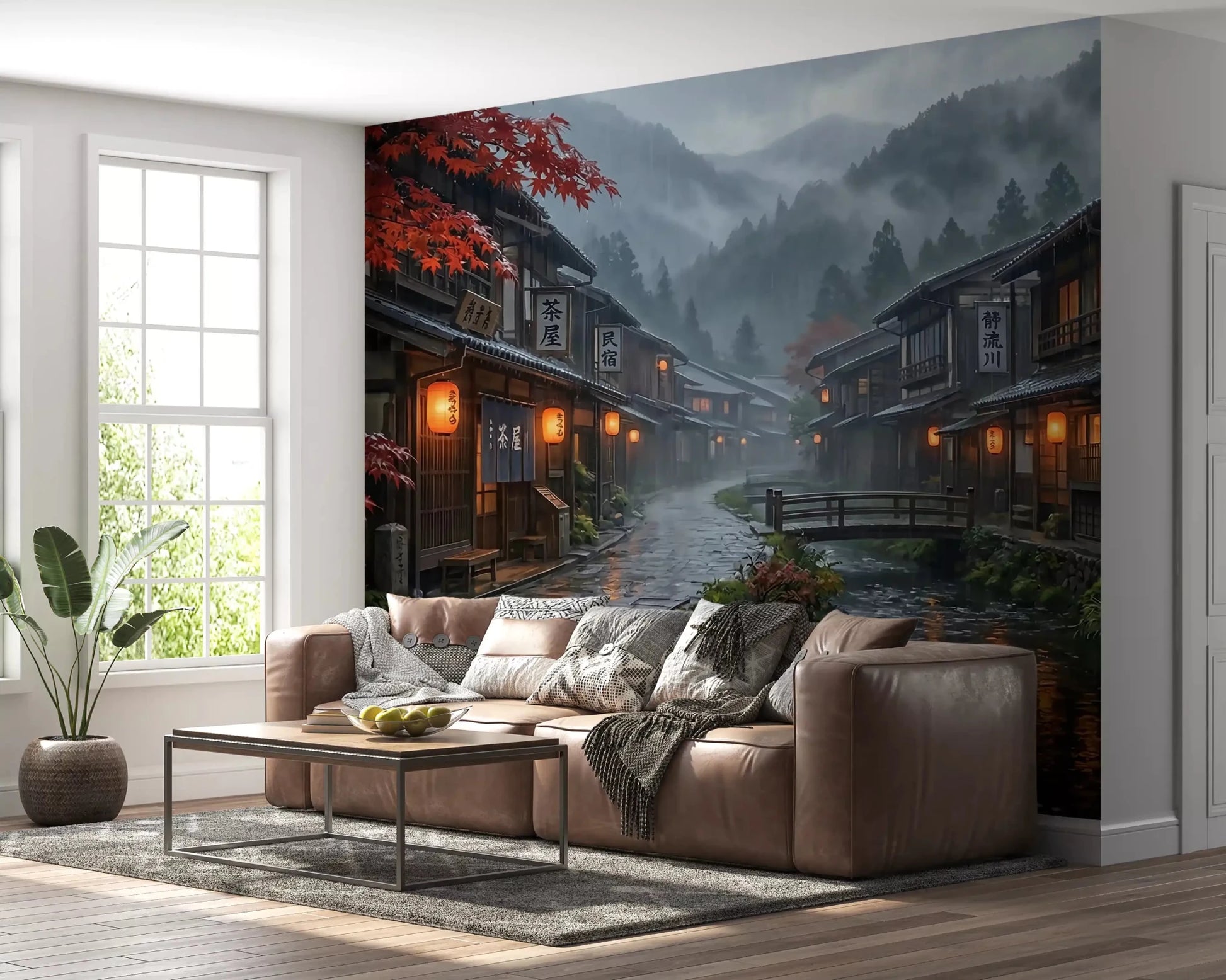 Red maple leaves frame the left edge of this Crimson Rain Japan wall mural.GD9528