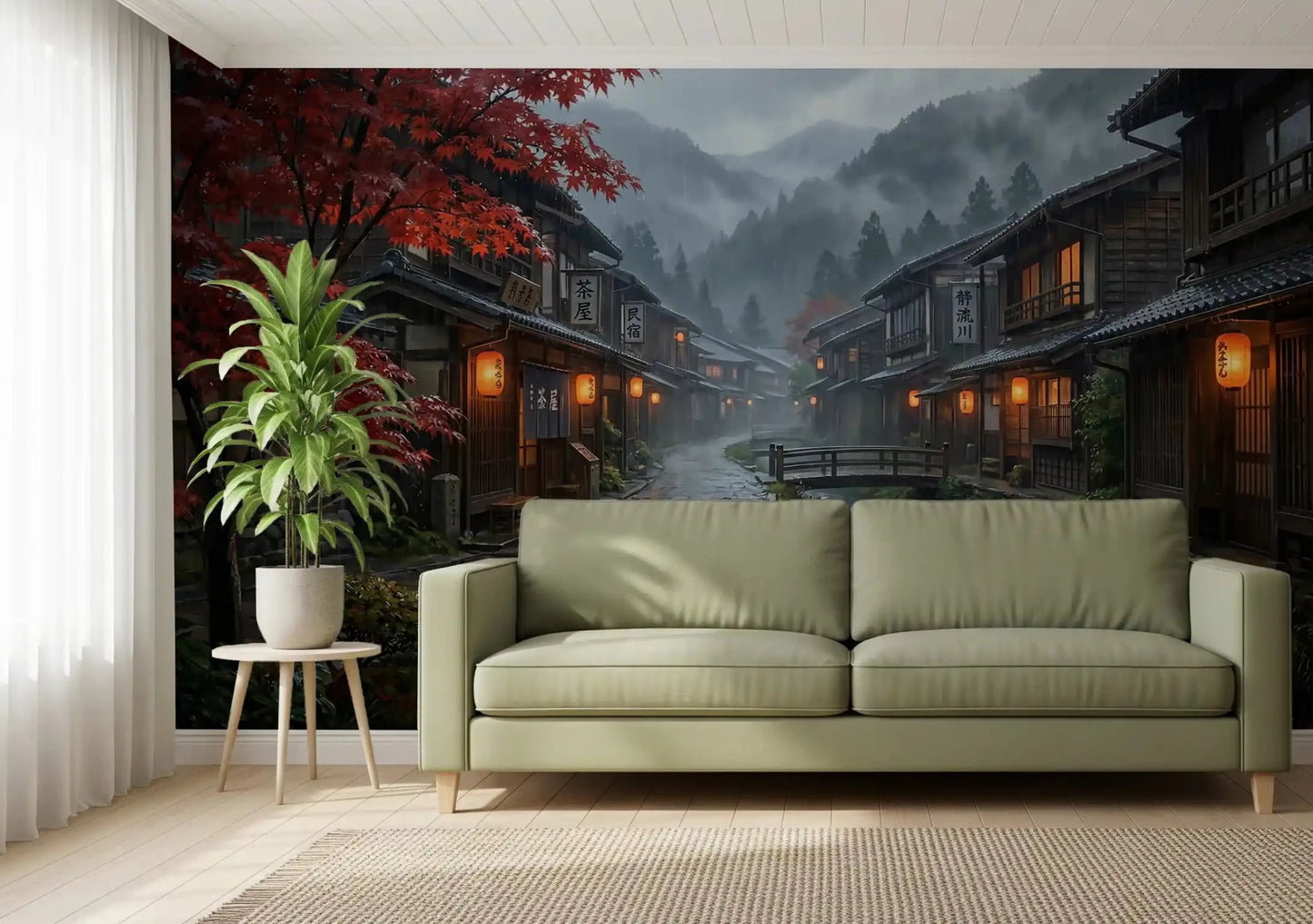 Lantern-lit village scenery fills the Living room with a Crimson Rain wall mural.GD9528