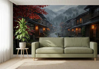 Lantern-lit village scenery fills the Living room with a Crimson Rain wall mural.GD9528