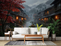 Crimson Rain wall mural carries a misty Japan village across the living room GD9528