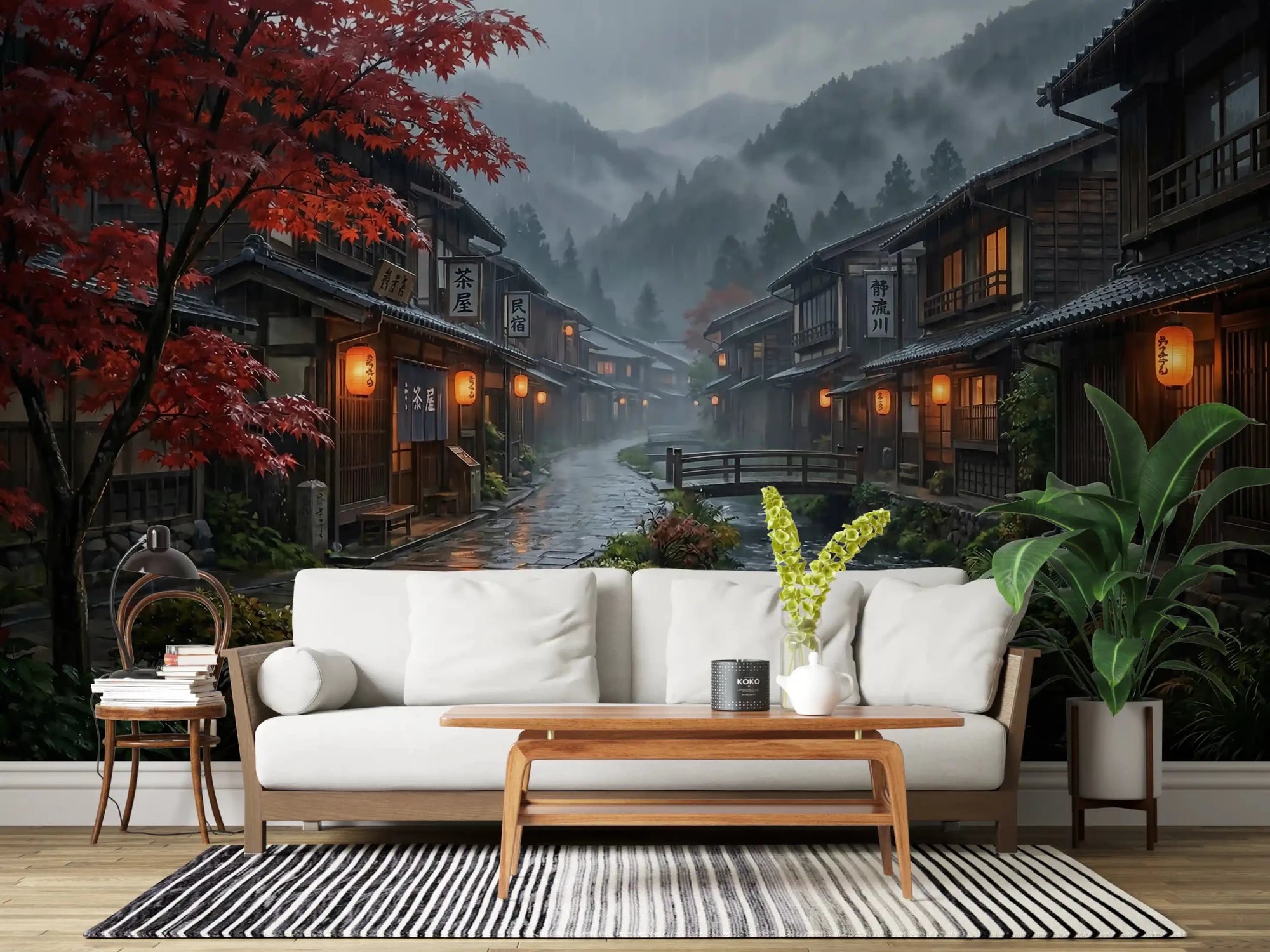 Crimson Rain wall mural carries a misty Japan village across the living room GD9528