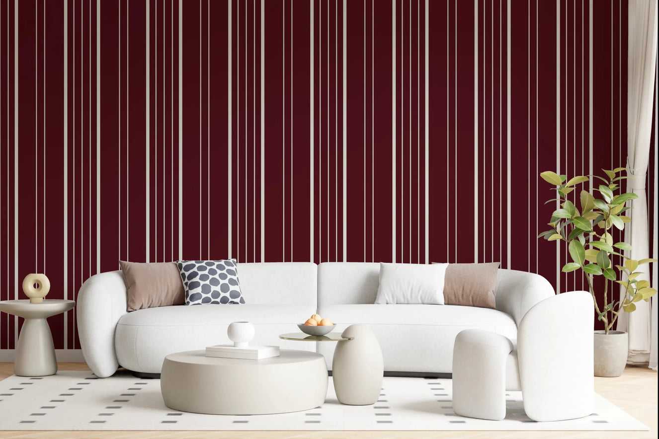 Living room styled with Crimson Stripes Wallpaper and bold vertical red line design