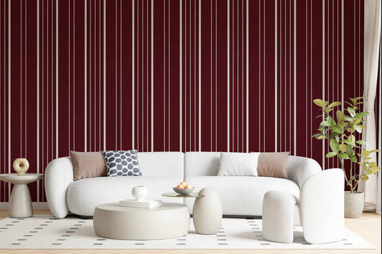 Living room styled with Crimson Stripes Wallpaper and bold vertical red line design, GD8225