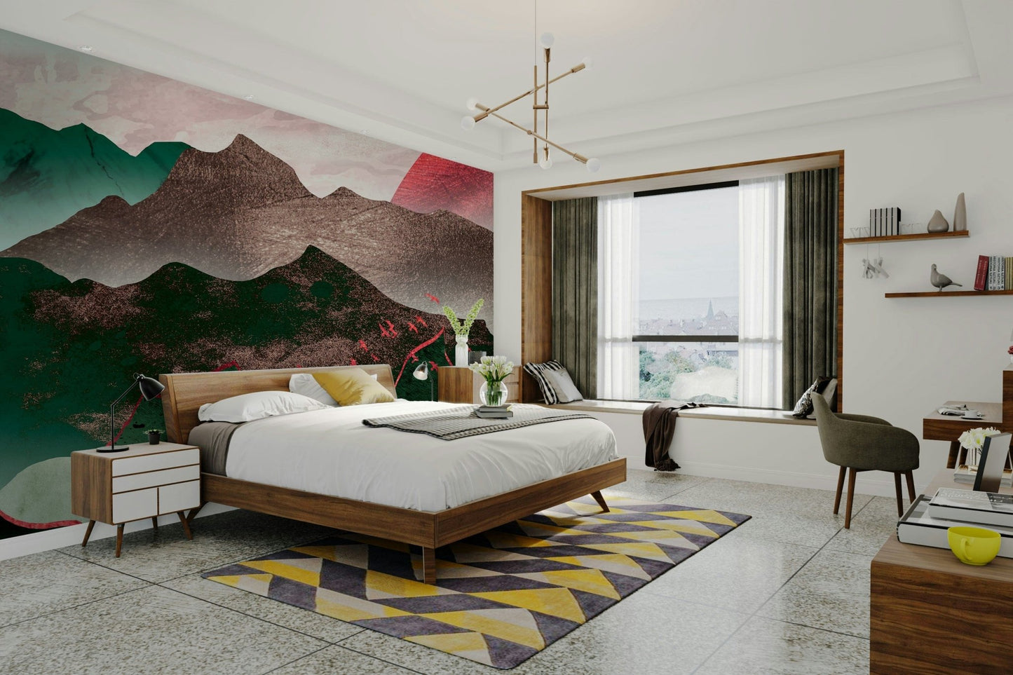 Red sunset over layered peaks mural GD111

