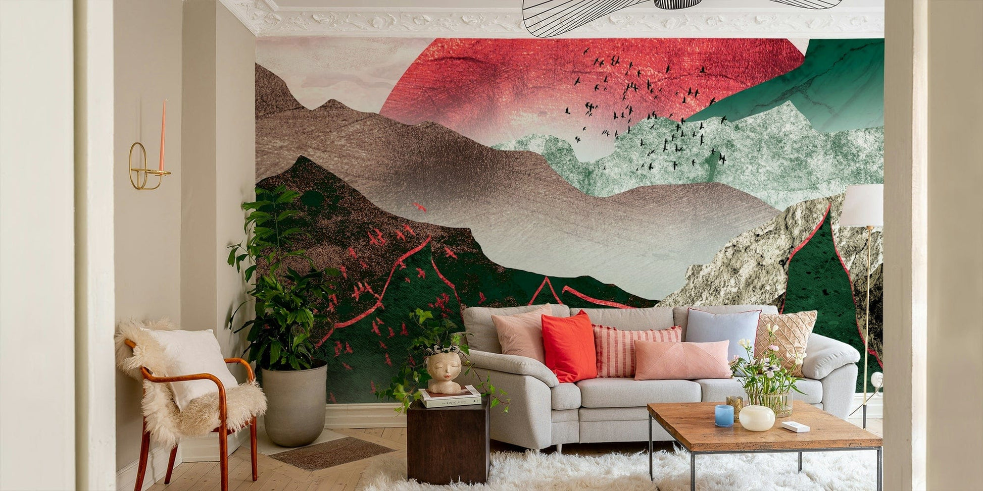 Sunset behind forested hills mural GD111