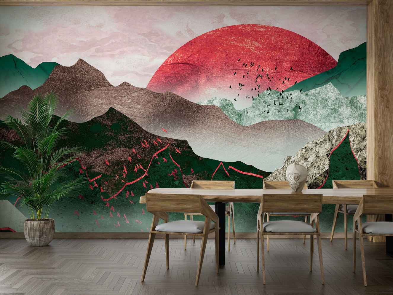 Crimson sun and green hills mural

