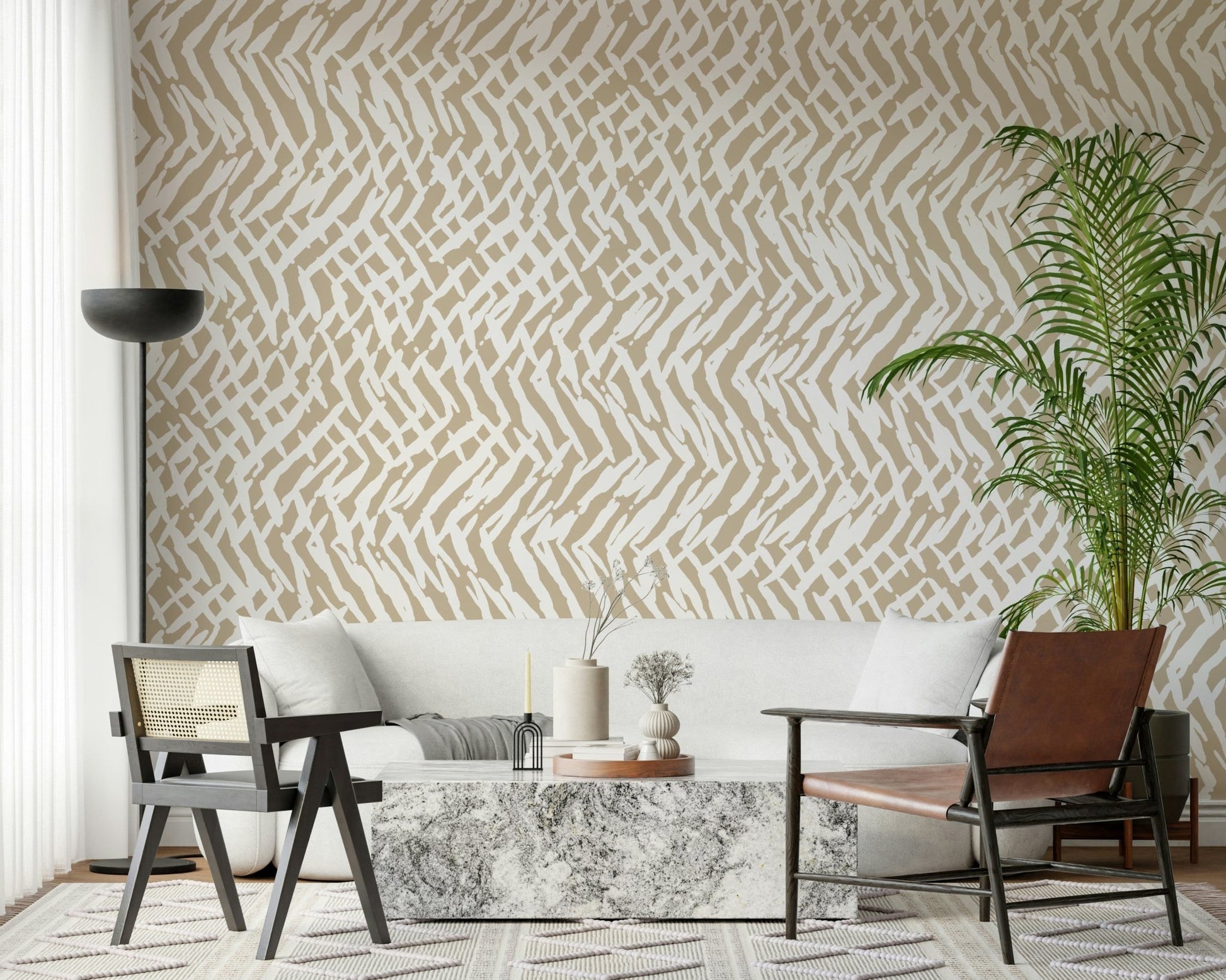 A contemplative geometric design wallpaper mural for a feature wall.