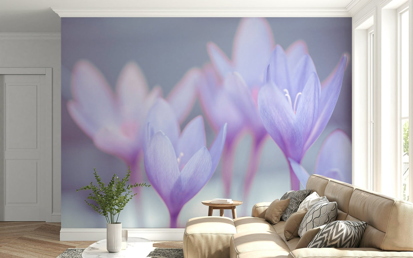 Botanical Crocus wallpaper for walls light lilac texture., GD7115
