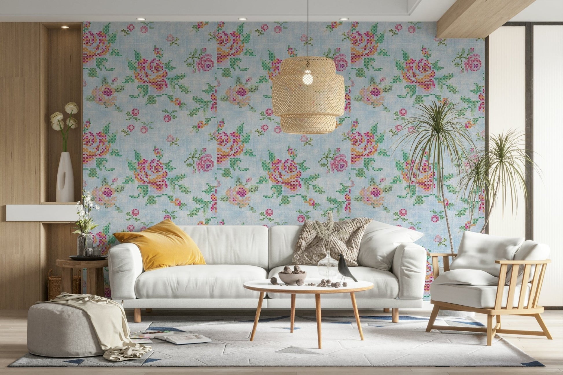 Features a floral design rendered in the style of cross-stitch embroidery.

