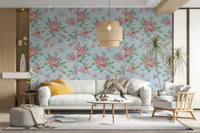 Features a floral design rendered in the style of cross-stitch embroidery.
