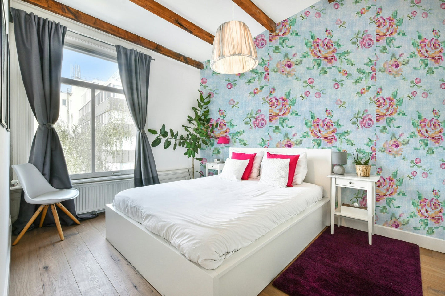 Cross-Stitch Blossoms Blue Wallpaper⁠