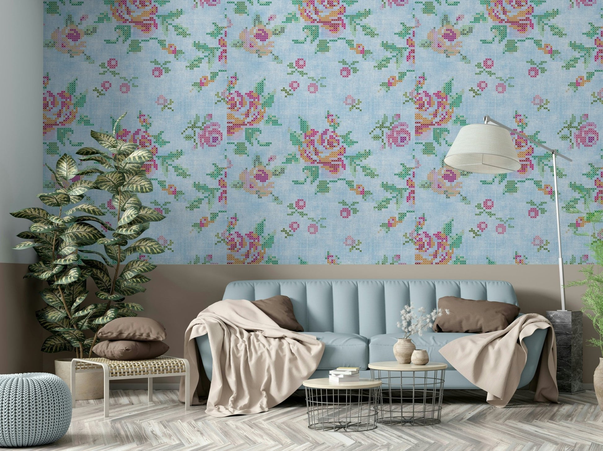 Cross-Stitch Blossoms Blue Wallpaper⁠