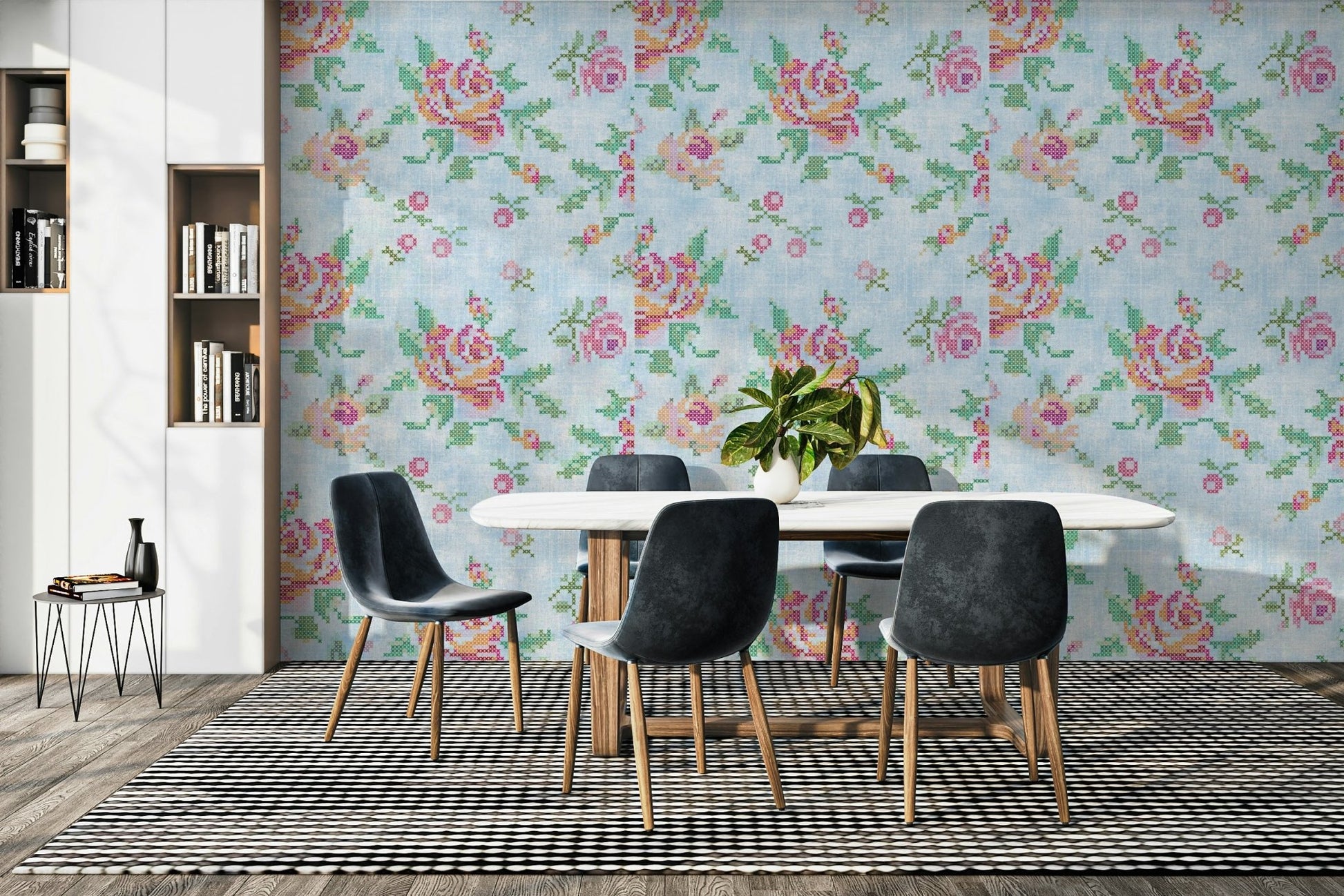 Cross-Stitch Blossoms Blue Wallpaper⁠