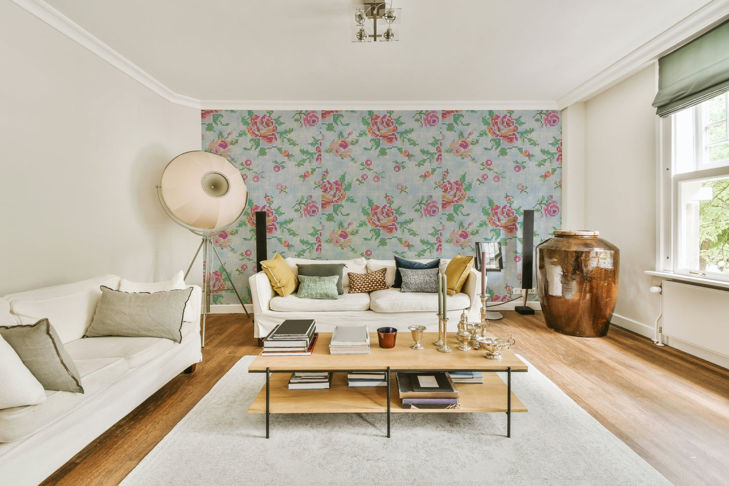 Cross-Stitch Blossoms Blue Wallpaper⁠