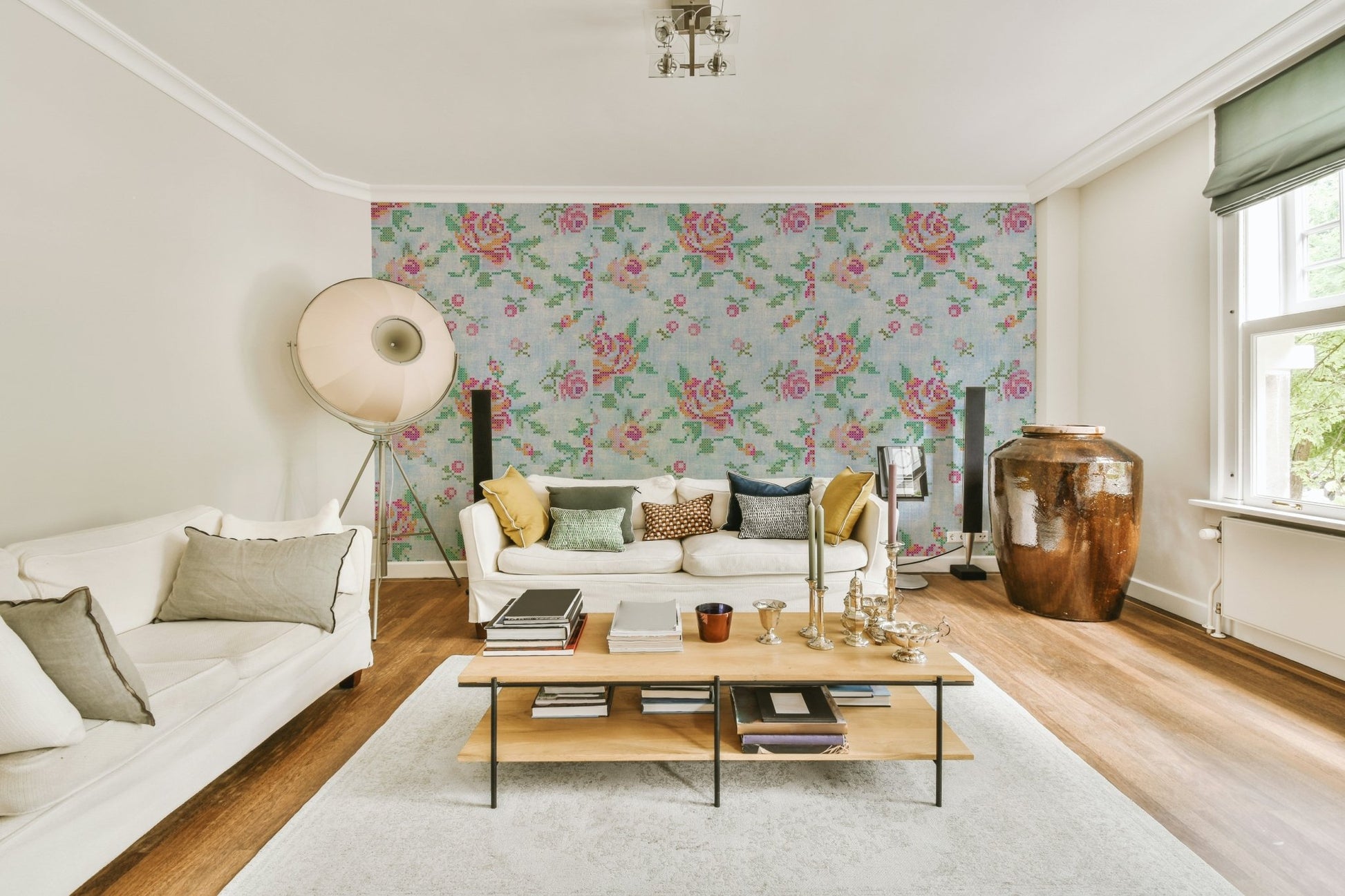 Cross-Stitch Blossoms Blue Wallpaper⁠