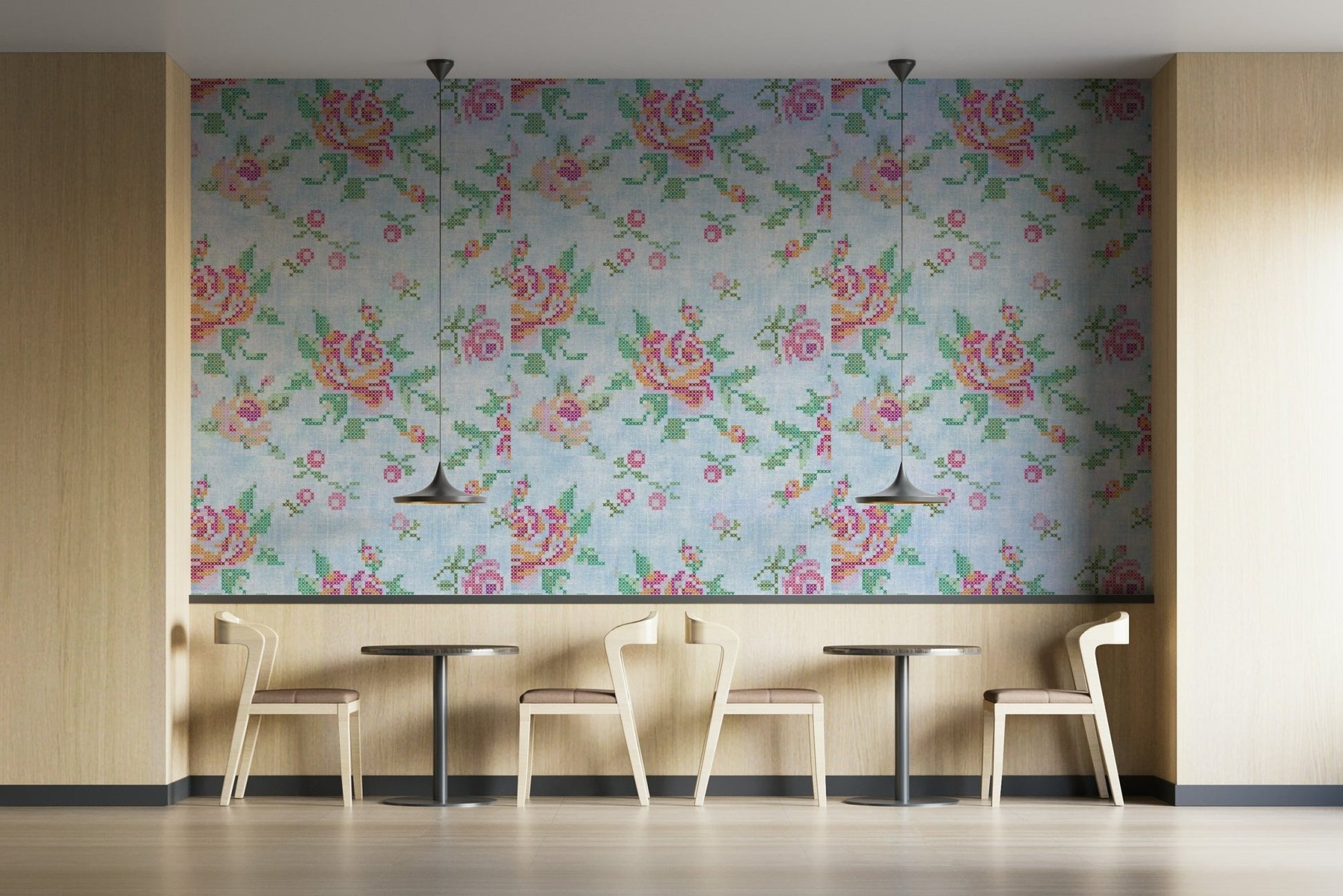 Cross-Stitch Blossoms Blue Wallpaper⁠