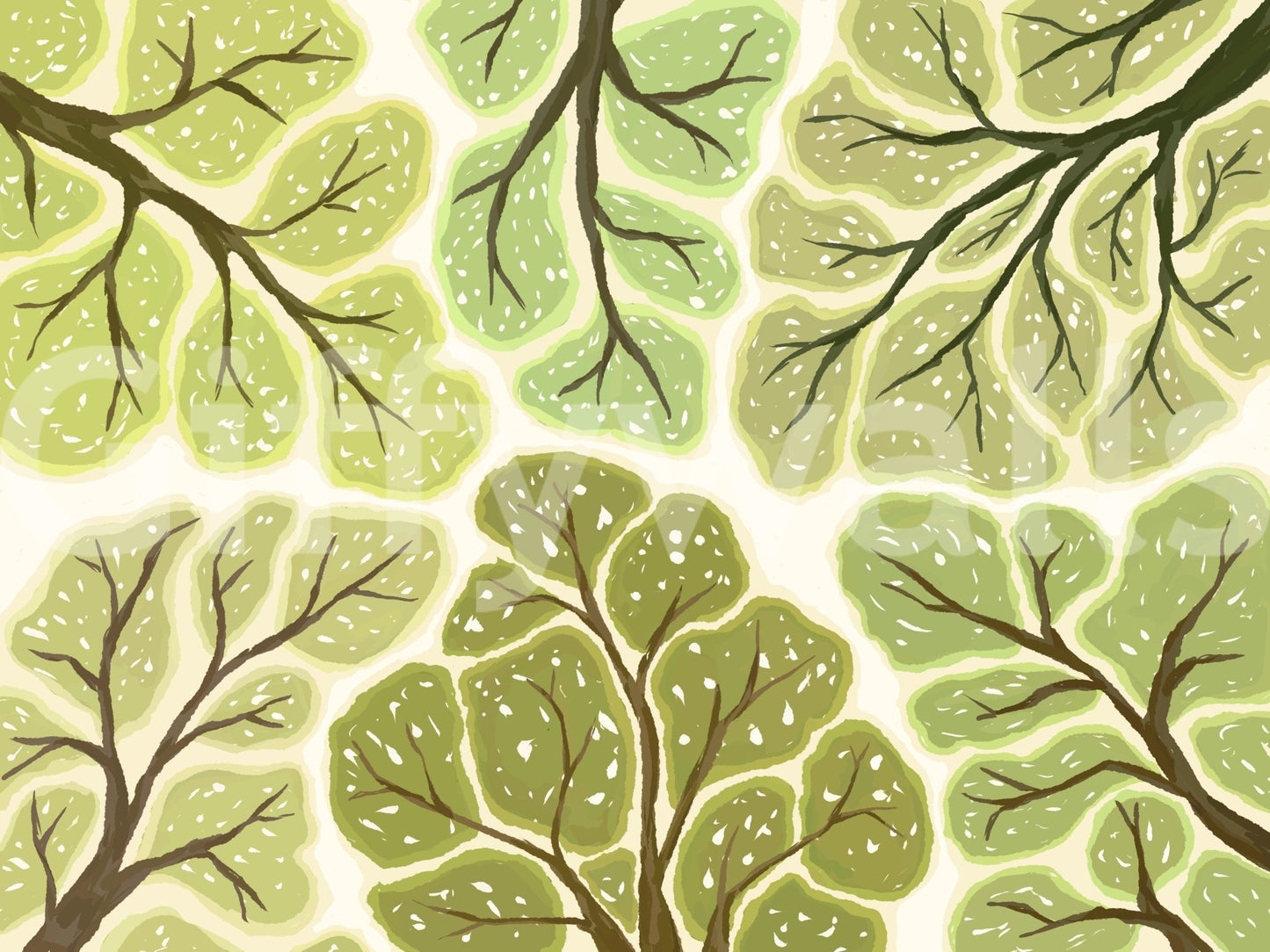 Crown shyness mural in forest setting

