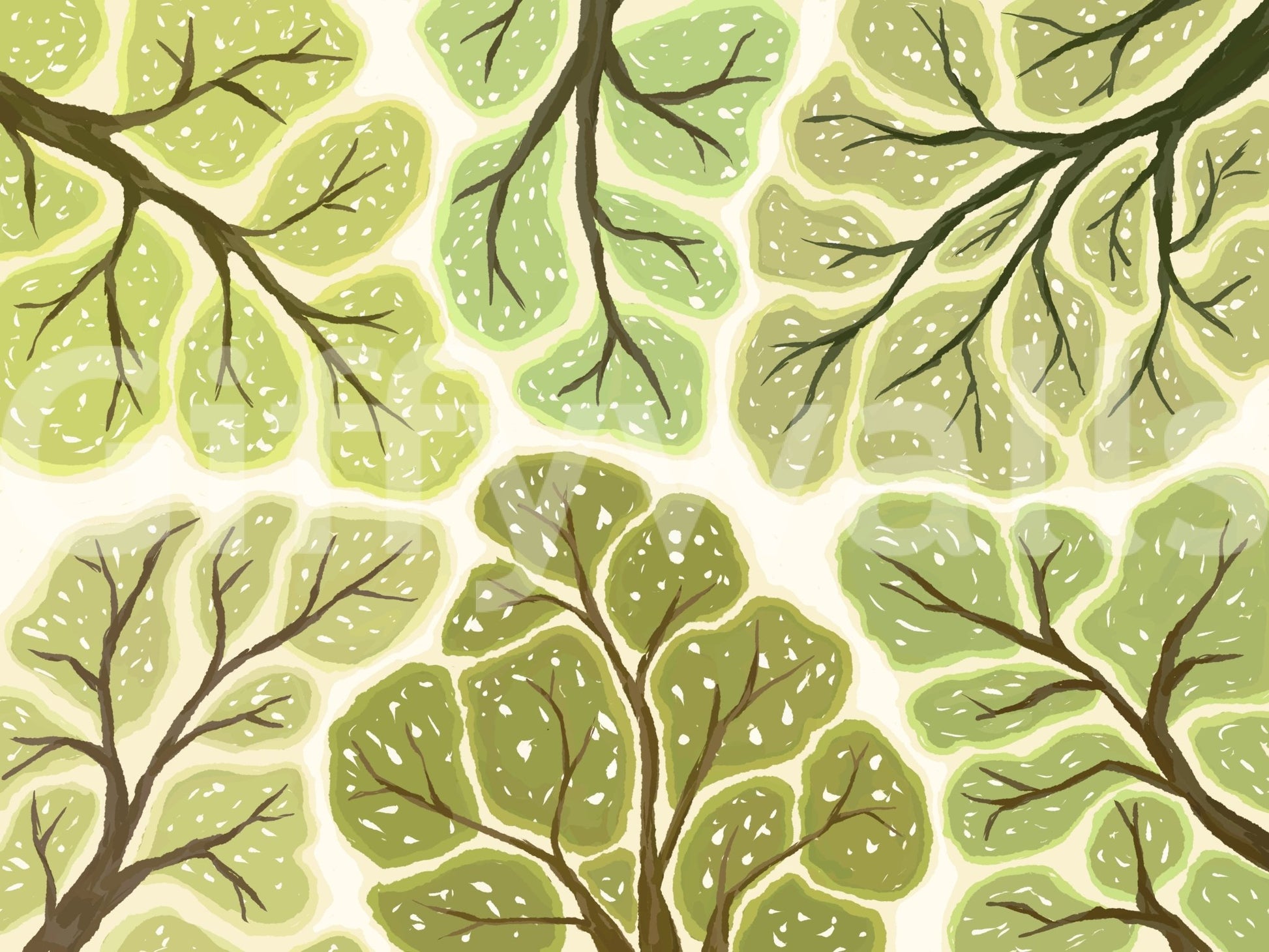 Crown shyness mural in forest setting

