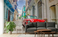 Vibrant urban landscape mural for a contemporary apartment.